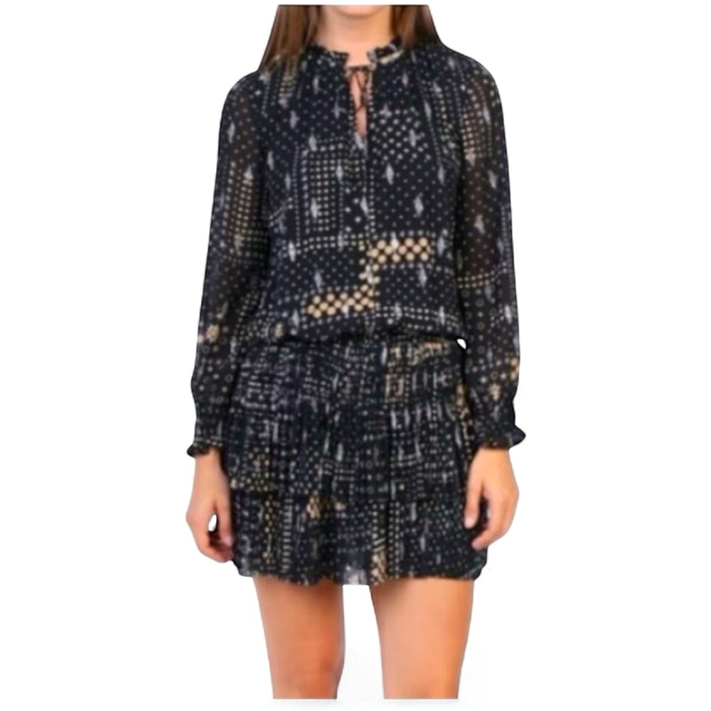 Current Air Aurelie Pleated Mini Dress Size Large Black Gold Glimmer Long Sleeve